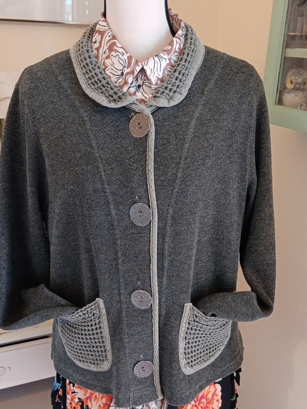 Nannette Keller Petites Gray Textured Button-Front Jacket Cardigan